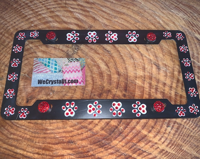 Dog Puppy Paws Red Crystal Sparkle Auto Bling Rhinestone License Plate Frame with Swarovski Elements Made by WeCrystalIt