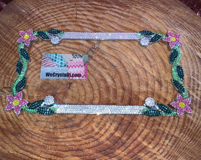 Rose Pink Flower Crystal Sparkle Auto Bling Rhinestone  License Plate Frame with Swarovski Elements Made by WeCrystalIt