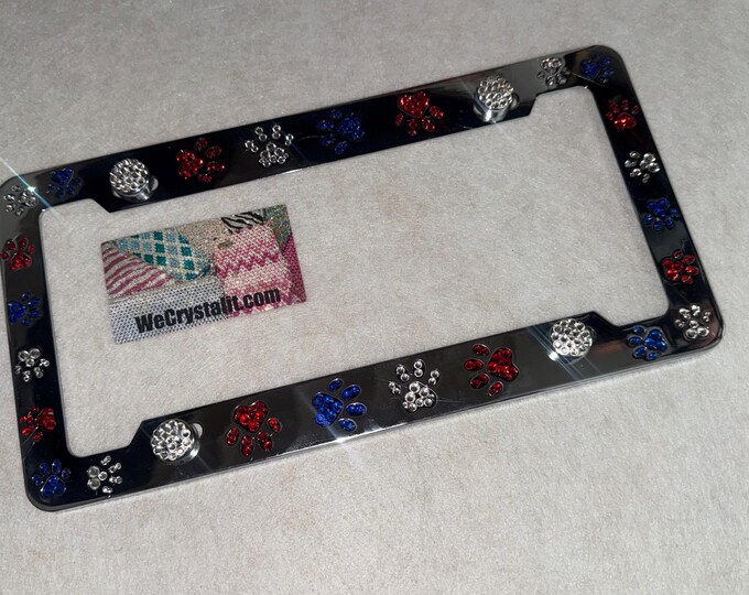 Dog Puppy Cat Paw Paws American Flag Crystal Sparkle Auto Bling Rhinestone License Plate Frame with Swarovski Elements Made by WeCrystalIt