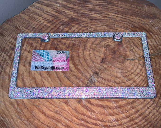 AB  Aurora Borealis  on Silver Frame Crystal Auto Bling Rhinestone License Plate Frame with 100% Swarovski Crystals Made by WeCrystalIt