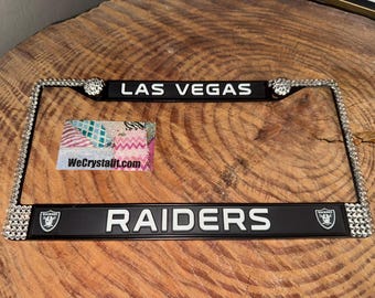 Las Vegas Raiders License Jet Black Crystal Sport Silver Frame Sparkle Auto Bling Rhinestone Plate Frame with Swarovski Elements Made by We