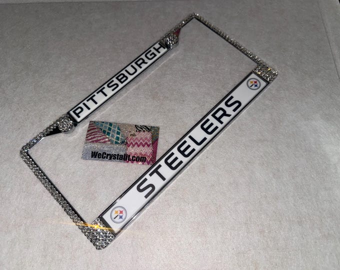 Pittsburgh Steelers Football License Crystal Sport on Silver Frame Sparkle Auto Bling Rhinestone Plate Frame with Swarovski Element