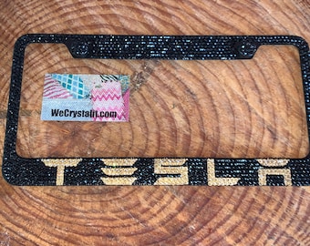 Tesla Black Gold Crystal Sparkle Auto Bling Rhinestone  License Plate Frame made with Swarovski Elements Made by WeCrystalIt