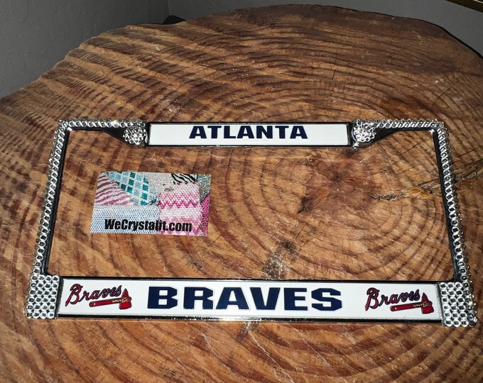 Atlanta Braves Baseball Sport on Silver Frame Crystal Sparkle Auto Bling Rhinestone License Plate Frame with Swarovski Element by WeCrystalI