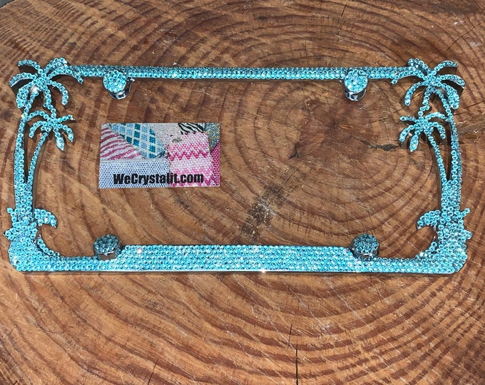 Palm Tree Crystal Aquamarine Blue Sparkle Auto Bling Rhinestone License Plate Frame with Swarovski Elements Made by WeCrystalIt