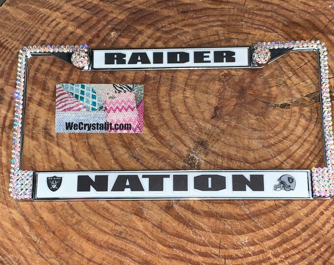 Raiders Nation License Crystal Sport Silver Frame Sparkle Auto Bling Rhinestone Plate Frame with Swarovski Elements Made by WeCrystalit