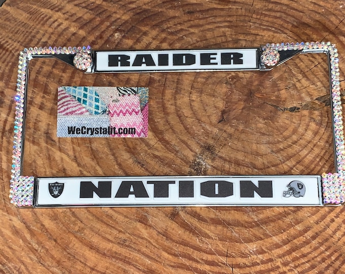 Raiders Nation License AB Crystal Sport Silver Frame Sparkle Auto Bling Rhinestone Plate Frame with Swarovski Elements Made by WeCrystalit