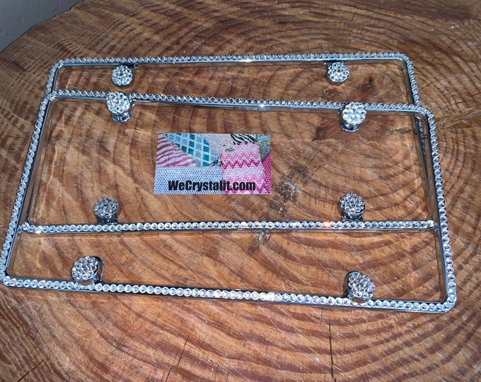 2 Clear 1 Row Diamond on Silver Frame Crystal Sparkle Auto Bling Rhinestone License Plate Frame with Swarovski Elements Made by WeCrystalIt