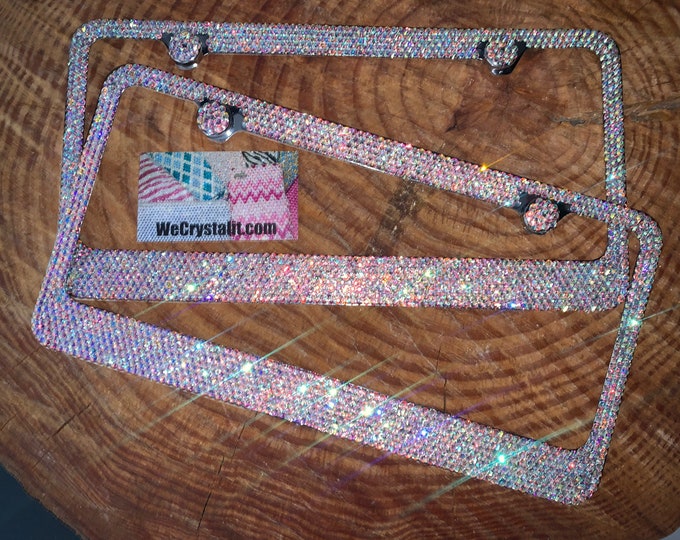 Set 2 AB Aurora Borealis Crystal Sparkle Auto Bling Rhinestone License Plate Frame with Swarovski Elements Made by WeCrystalIt