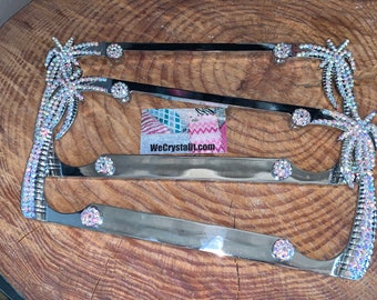 Set of 2 AB Crystal Color Palm Tree Sides Crystal Sparkle Auto Bling Rhinestone License Plate Frame Made by WeCrystalIt
