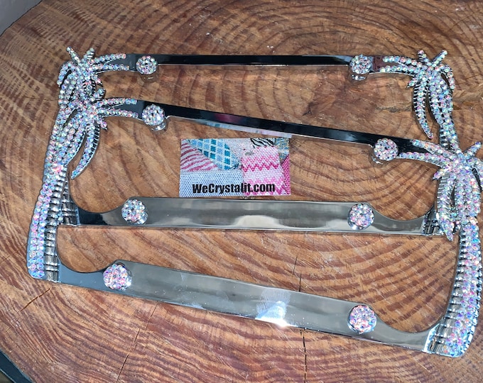 Set of 2 AB Crystal Color Palm Tree Sides Crystal Sparkle Auto Bling Rhinestone License Plate Frame Made by WeCrystalIt