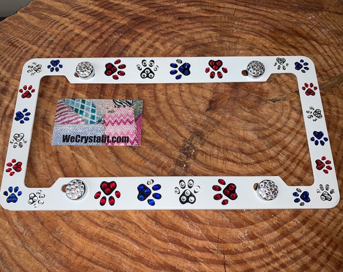 Dog Puppy Cat Paw Paws American Flag Crystal Sparkle Auto Bling Rhinestone License Plate Frame with Swarovski Elements Made by WeCrystalIt