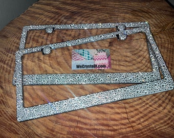Clear Crystal set 2 Bumpie Diamond Swarovski on Silver Frame Crystal Sparkle Auto Bling Rhinestone  License Plate Frame Made by WeCrystalIt