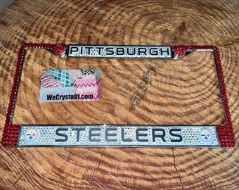 Pittsburgh Steelers Football License Crystal Sport on Silver Frame Sparkle Auto Bling Rhinestone Plate Frame with Swarovski Element