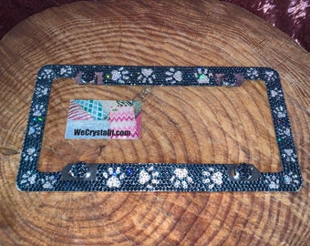 Dog Puppy Cat paw Paws Gray Crystal Sparkle Auto Bling Rhinestone License Plate Frame with Swarovski Elements Made by WeCrystalIt