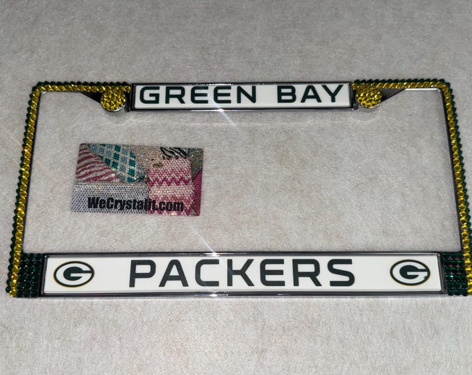 Green Bay Packers Football License Crystal Sport Silver Frame Sparkle Auto Bling Rhinestone Plate Frame with Swarovski Elements Made by WeCr