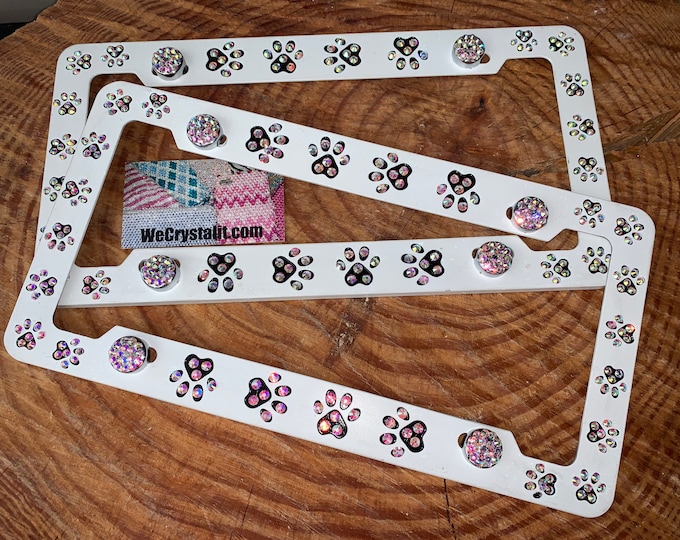 Dog Puppy Paws set 2 AB Crystal Sparkle Auto Bling Rhinestone License Plate Frame with Swarovski Elements Made by WeCrystalIt