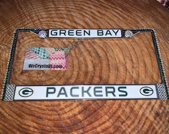 Green Bay Packers License Crystal Sport Silver Frame Sparkle Auto Bling Rhinestone Plate Frame with Swarovski Elements Made by WeCrystalit