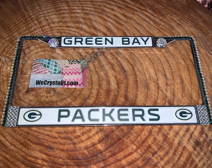 Green Bay Packers License Crystal Sport Silver Frame Sparkle Auto Bling Rhinestone Plate Frame with Swarovski Elements Made by WeCrystalit