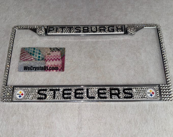 Pittsburgh Steelers Football License Crystal Sport on Silver Frame Sparkle Auto Bling Rhinestone Plate Frame with Swarovski Element