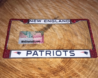 New England Patriots License Red Crystal Sport Silver Frame Sparkle Auto Bling Rhinestone Plate Frame with Swarovski Elements Made by WeCrys