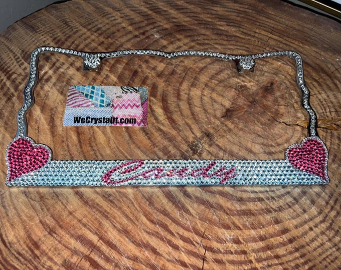 Your Name Clear w/ Pink Heart Crystal Sparkle Auto Bling Rhinestone License Plate Frame with Swarovski Elements Made by WeCrystalIt
