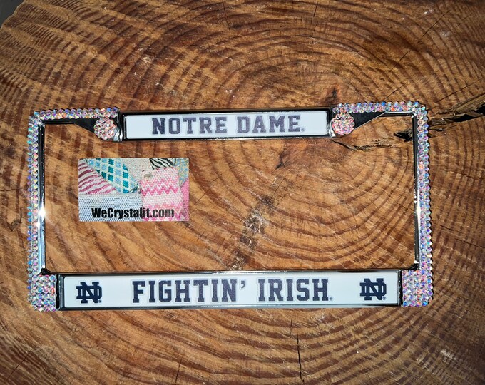 Notre Dame AB Fighting Irish License Crystal Sport Frame Sparkle Auto Bling Rhinestone Plate Frame with Swarovski Elements Made by WeCrystal