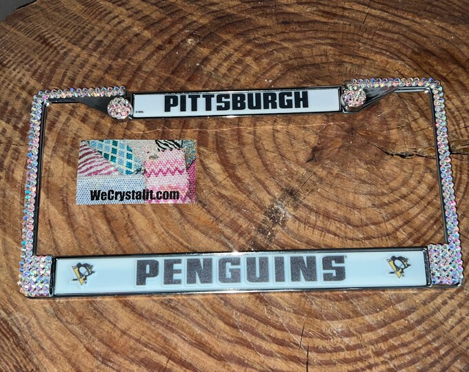 Pittsburgh Penguins License Crystal Sport Silver Frame Sparkle Auto Bling Rhinestone Plate Frame with Swarovski Elements Made by WeCrystal