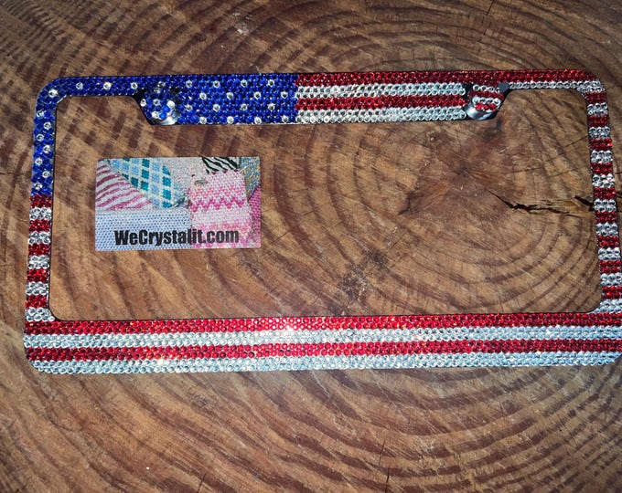 American Flag Crystal Sparkle Auto Bling Rhinestone License Plate Frame with Swarovski Elements Made by WeCrystalIt