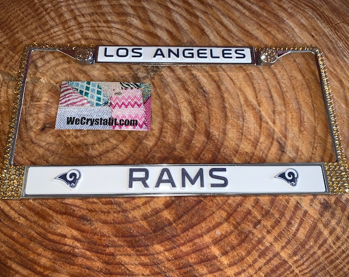 Los Angeles Rams License Crystal Sport on Silver Frame Sparkle Auto Bling Rhinestone Plate Frame with Swarovski Elements Made by WeCrystalIt