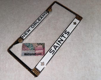 Saints License Gold and Black Crystal New Orleans Football  Frame Sparkle Auto Bling Rhinestone Plate Frame with Swarovski Elements Made by