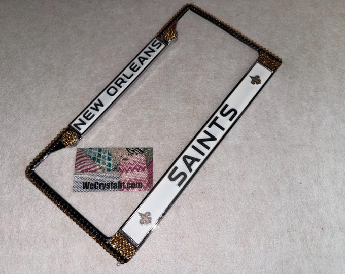 Saints License Gold and Black Crystal New Orleans Football  Frame Sparkle Auto Bling Rhinestone Plate Frame with Swarovski Elements Made by