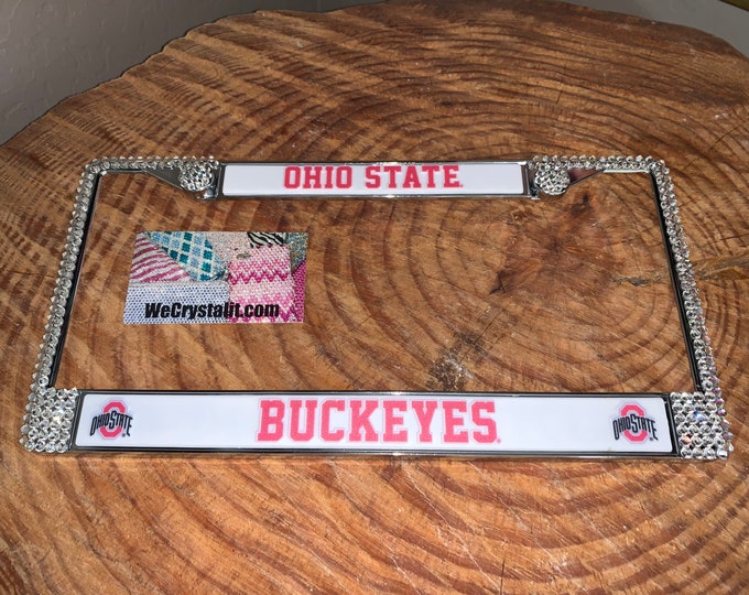 Ohio State Buckeyes License Crystal Sport Silver Frame Sparkle Auto Bling Rhinestone Plate Frame with Swarovski Elements Made by WeCrys