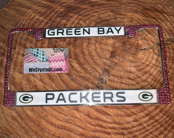 Green Bay PACKERS Pink License Crystal Sport Silver Frame Sparkle Auto Bling Rhinestone Plate Frame with Swarovski Elements Made by WeCrysta