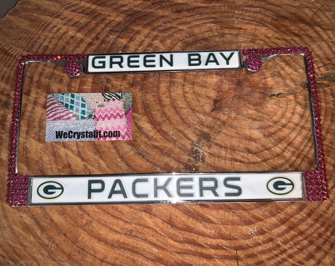 Green Bay PACKERS Pink License Crystal Sport Silver Frame Sparkle Auto Bling Rhinestone Plate Frame with Swarovski Elements Made by WeCrysta