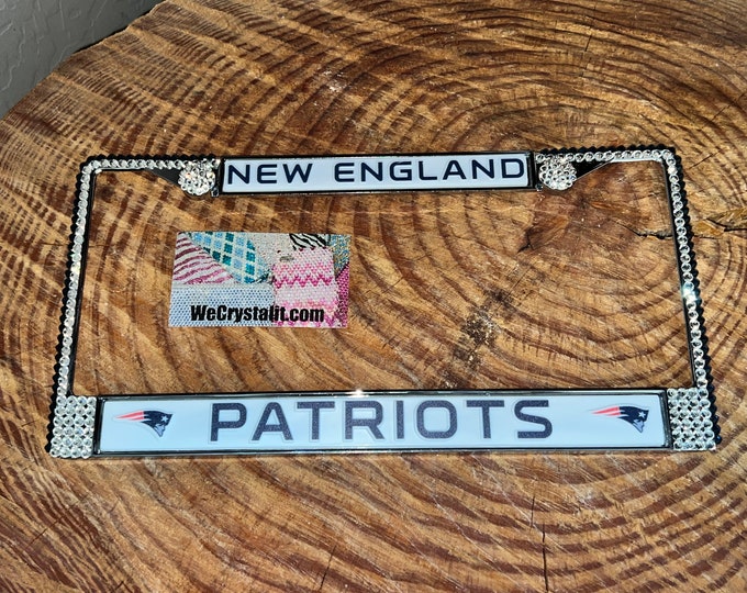 New England Patriots License blue Crystal Sport Silver Frame Sparkle Auto Bling Rhinestone Plate Frame with Swarovski Made by WeCrystalit