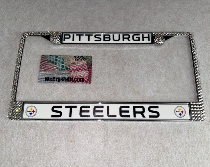 Pittsburgh Steelers Football License Crystal Sport on Silver Frame Sparkle Auto Bling Rhinestone Plate Frame with Swarovski Element