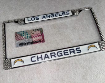 Los Angeles Chargers Football License Crystal Sport Silver Frame Sparkle Auto Bling Rhinestone Plate Frame with Swarovski Elements