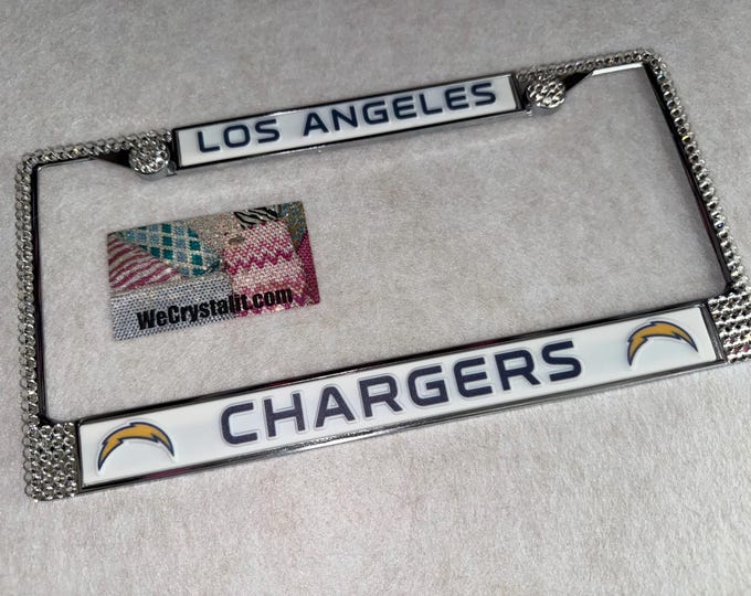 Los Angeles Chargers Football License Crystal Sport Silver Frame Sparkle Auto Bling Rhinestone Plate Frame with Swarovski Elements