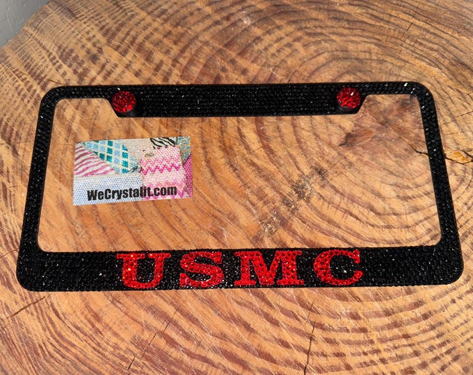 USMC Black and Red Crystal Sparkle Auto Bling Rhinestone  License Plate Frame with Swarovski Elements Made by WeCrystalIt