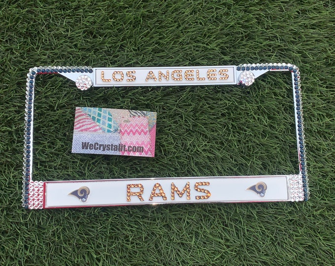 Los Angeles Rams License Crystal Sport on Silver Frame Sparkle Auto Bling Rhinestone Plate Frame with Swarovski Elements Made by WeCrystalIt