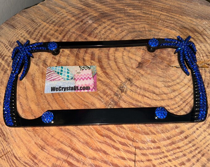 Blue Strong Palm Tree Sides Only one 1 classic Crystal Sparkle Auto Bling Rhinestone License Plate Frame Made by WeCrystalIt