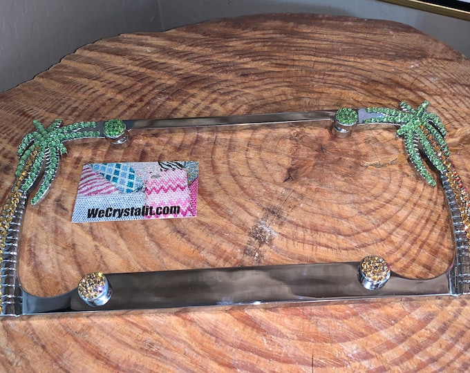 Only one 1 classic Color Palm Tree Sides Crystal Sparkle Auto Bling Rhinestone License Plate Frame Made by WeCrystalIt