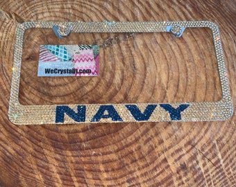 Navy Gold and Navy Blue Crystal Sparkle Auto Bling Rhinestone  License Plate Frame with Swarovski Elements Made by WeCrystalIt