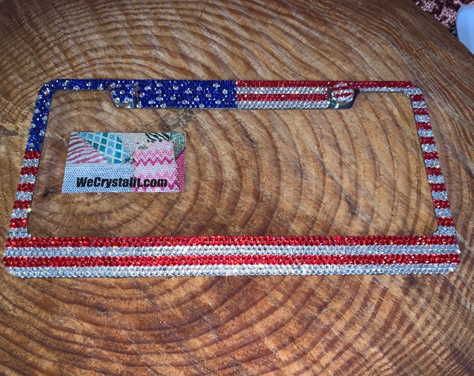 American Flag Crystal Sparkle Auto Bling Rhinestone License Plate Frame with Swarovski Elements Made by WeCrystalIt