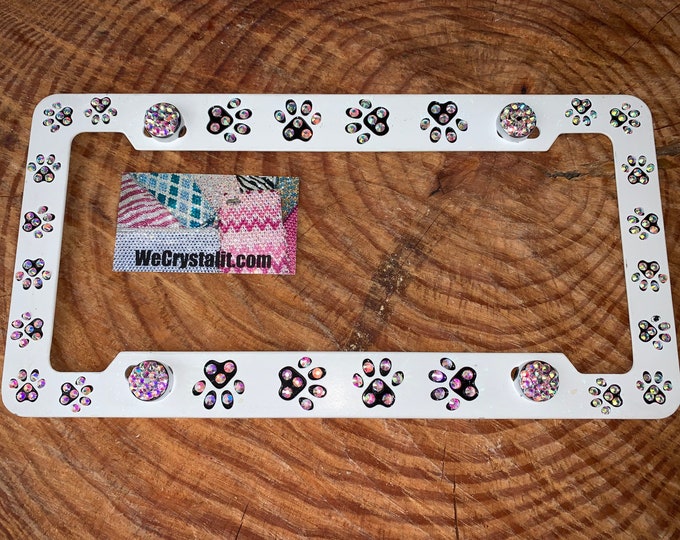 Dog Puppy Paws AB Crystal Sparkle Auto Bling Rhinestone License Plate Frame with Swarovski Elements Made by WeCrystalIt