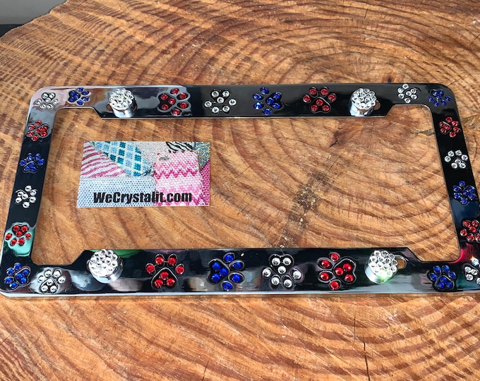 Dog Puppy Paws American Flag Crystal Sparkle Auto Bling Rhinestone License Plate Frame with Swarovski Elements Made by WeCrystalIt