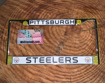 Pittsburgh Steelers License Crystal Sport on Silver Frame Sparkle Auto Bling Rhinestone Plate Frame with Swarovski Element by WeCrystalIt