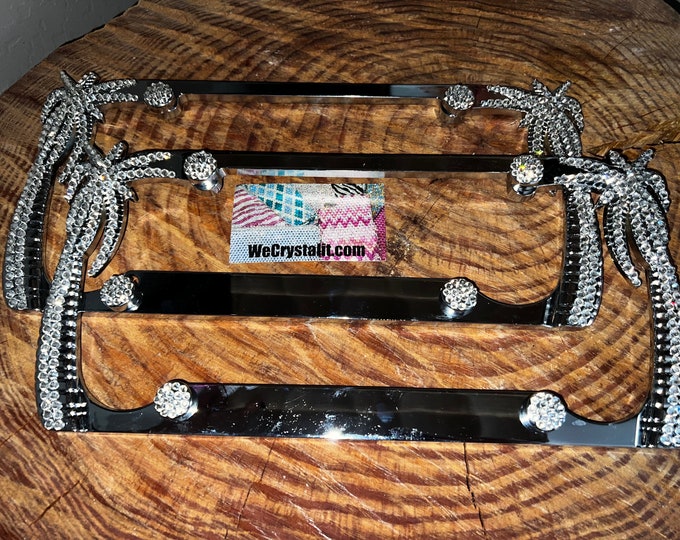 Set of 2 Clear Crystal Color Palm Tree Sides Crystal Sparkle Auto Bling Rhinestone License Plate Frame Made by WeCrystalIt