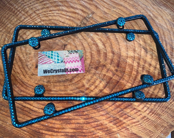 2 1 Row Blue Zircon Teal Black Frame Crystal Sparkle Auto Bling Rhinestone  License Plate Frame with Swarovski Elements Made by WeCrystalIt